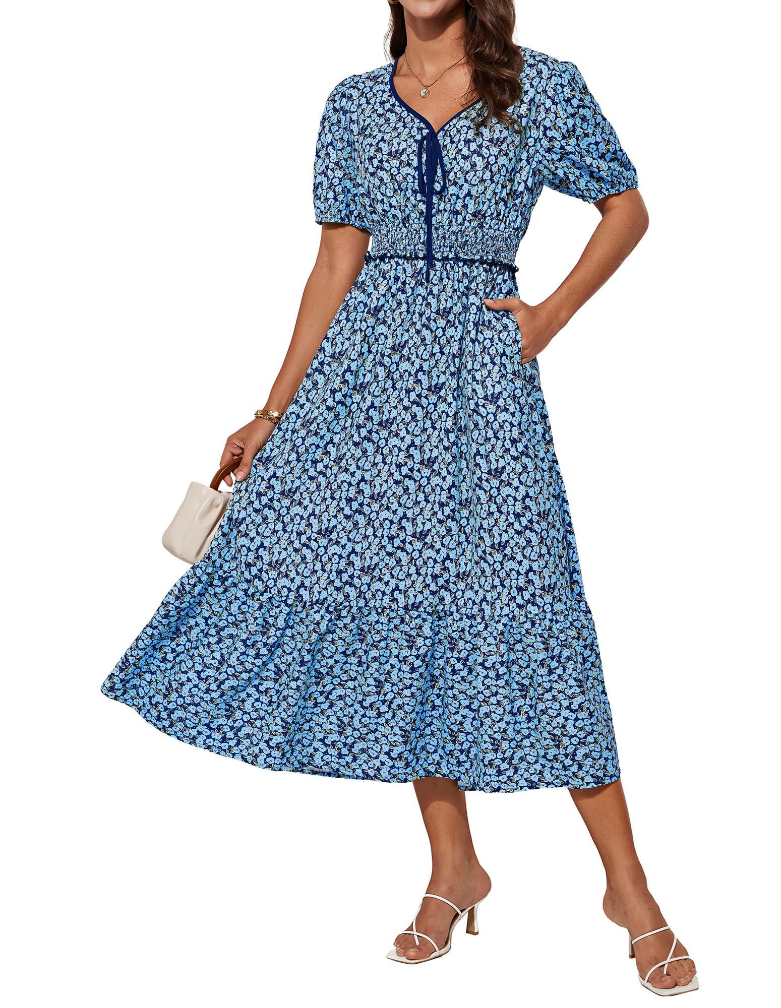 GRACE KARIN 2025 Women's Summer Floral Flowy A Line Midi Dresses Elegant Short Sleeve Smocked V-Neck Tiered Dresses