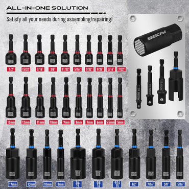 80-Piece Premium Magnetic Impact Nut Driver Set Metric & SAE with Socket Adapters, Bit Holder, Wing Nut Driver, Universal Sockets, Quick Release Extension, Power Bits