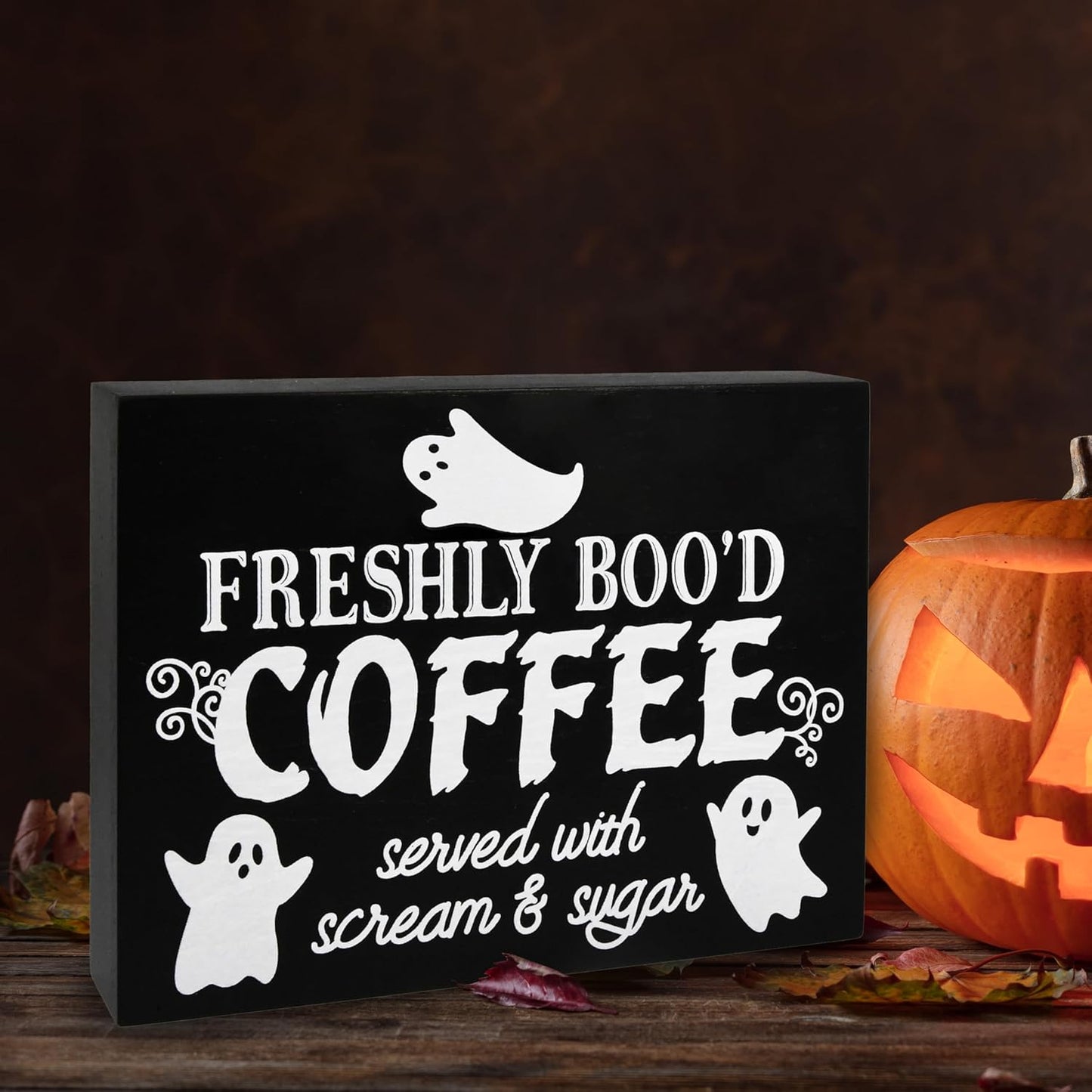 Gift Boutique Halloween Coffee Sign – Freshly Boo’d Coffee Served with Scream and Sugar Black Wooden Tabletop Plaque for Kitchen, Cafe, Party Decor