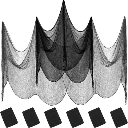 6 Pack Halloween Black Gauze Wall Decor,Outdoor Halloween Fake Spider Web Decorations Webbing,Cobwebs Mesh Spooky Fabric,30X72 in Black Cheesecloth for Haunted House Indoor Creepy Cloth Backdrop