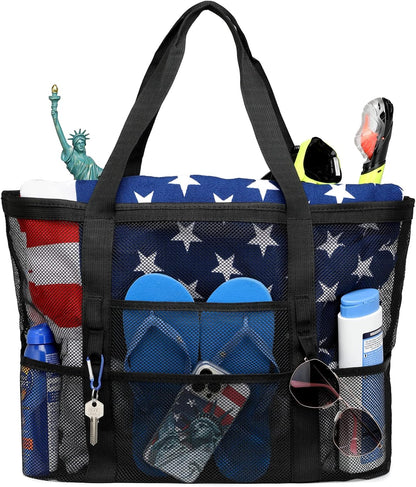 F-color Mesh Beach Bag Family - 9 Pockets Large Beach Tote for Cruise Vacation Essentials