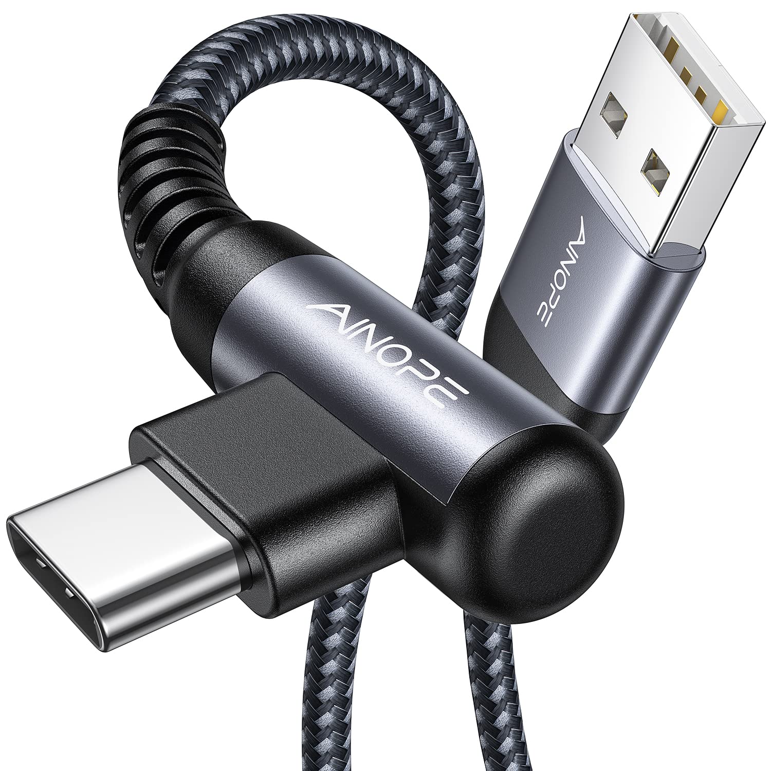 AINOPE USB C Cable [2-Pack, 6.6ft] 3.1A Type C Charger Fast Charging, Right Angle USB to USB C Cable Braided USBC Charger for Galaxy S10+ S10 S9, Note 10 9, LG V30, Moto, iPhone 16 15 Cord Type C