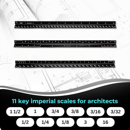 NOKKO 12 Inch Architectural Scale Ruler - Imperial Measurements, Professional Aluminum Drafting Tools for Architects, Engineers, Interior Designers, Students, and DIY Projects - Architecture Supplies