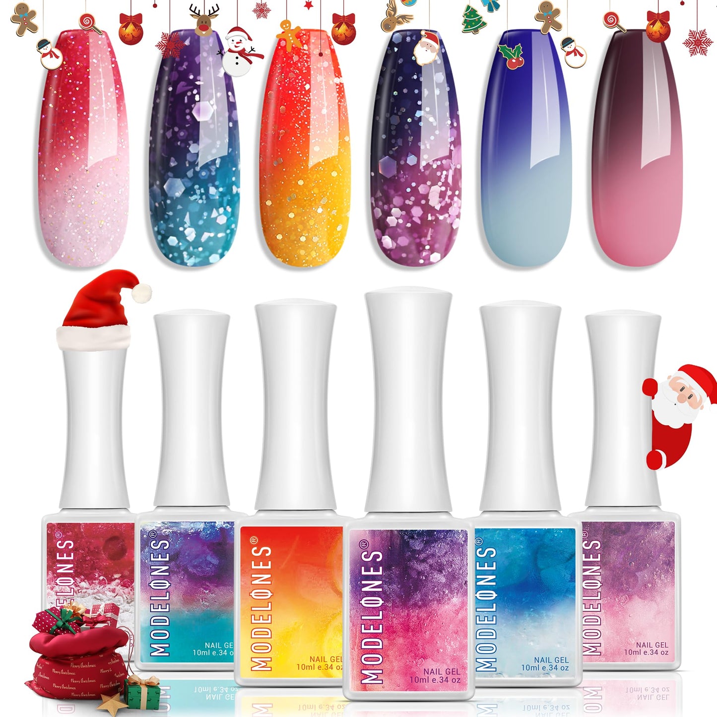 modelones Christmas Gel Nail Polish Set, 6 Colors Cat Eye Red Green Glitter Gold Silver Winter Gel Polish Kit with Magnet Nail Stickers Soak Off Led Nail Art Manicure Salon DIY New Year Holiday Gifts