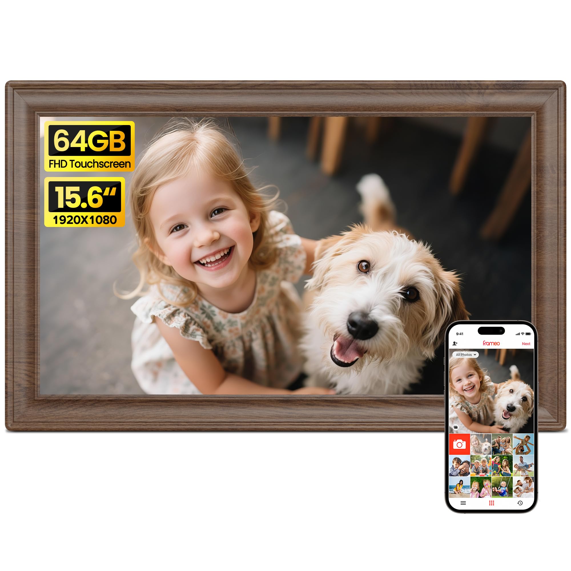 64GB 15.6" Frameo Digital Picture Frame WiFi, Large Electronic Photo Frames 1920 x 1080 IPS FHD Touch Screen, Send Photos from Your Phone from Anywhere, Best Gifts for Parents and Grandparents