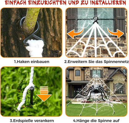 BOSONER Halloween Decorations Outdoor Spider Webs: 1Pcs Giant Spiders - 200'' Triangular Web with Hook - Stretch Web and Ground Stakes for Large Halloween Decor and Haunted House Decoration