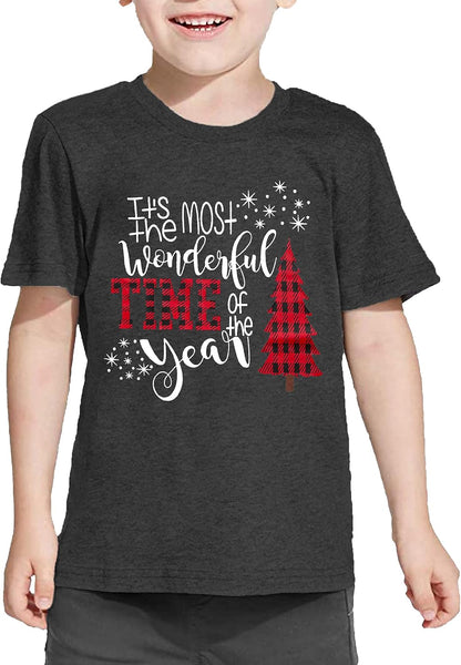 Christmas Shirts Toddler Boys Girls Xmas Buffalo Plaid Trees T-Shirt Christmas Graphic Tees Holiday Tops