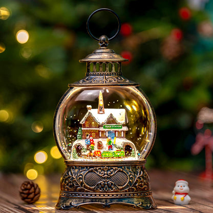 Christmas Snow Globes Christmas Water Lantern with Snowy Train Snowman, Music & 6H Timer, USB Lined/Battery Operated Lighted Lanterns for Xmas Festival Decoration Gifts