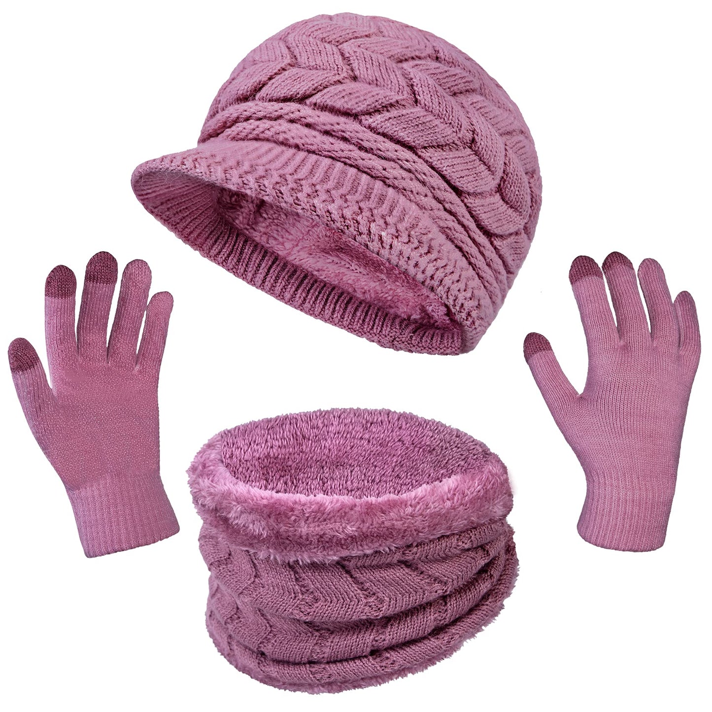 3-Pieces Winter Hat Gloves Scarf Set, Knit Warm Beanie Hat Neck Warmer Touch Screen Mittens for Women