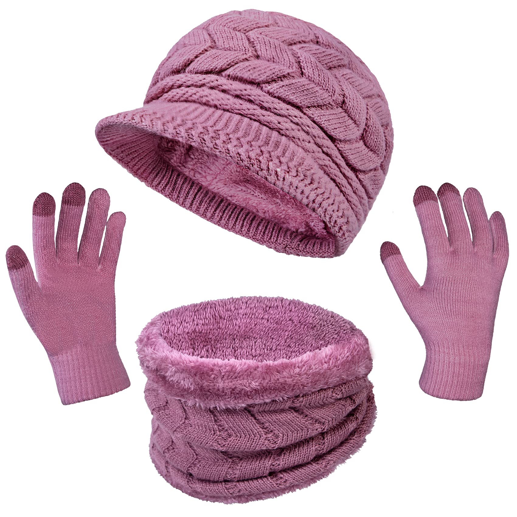 3-Pieces Winter Hat Gloves Scarf Set, Knit Warm Beanie Hat Neck Warmer Touch Screen Mittens for Women