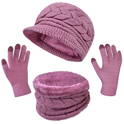 3-Pieces Winter Hat Gloves Scarf Set, Knit Warm Beanie Hat Neck Warmer Touch Screen Mittens for Women