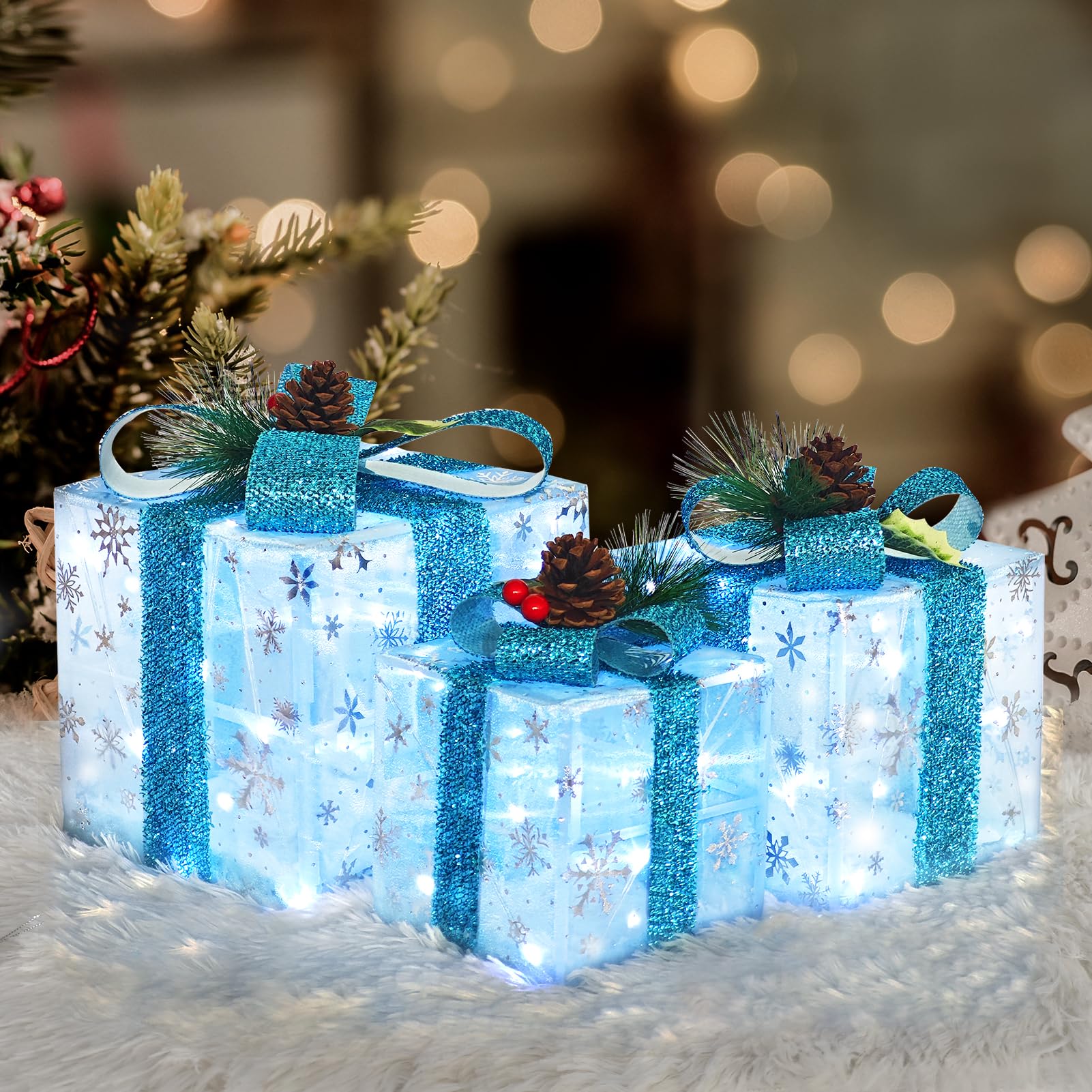 Set of 3 Christmas Lighted Gift Boxes, Pre-lit 60LED Light Up Present Boxes Ornament Outdoor, Boxes with Gold Snowflake, Battery Operated Christmas Decorations for Indoor Home, Party, Lawn Decor