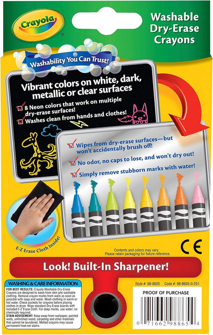 Crayola, Dry-Erase Neon Crayons, Art Tools, 8 Count, Washable, Perfect for Classroom Art Activities, Includes Sharpener and Erase Cloth