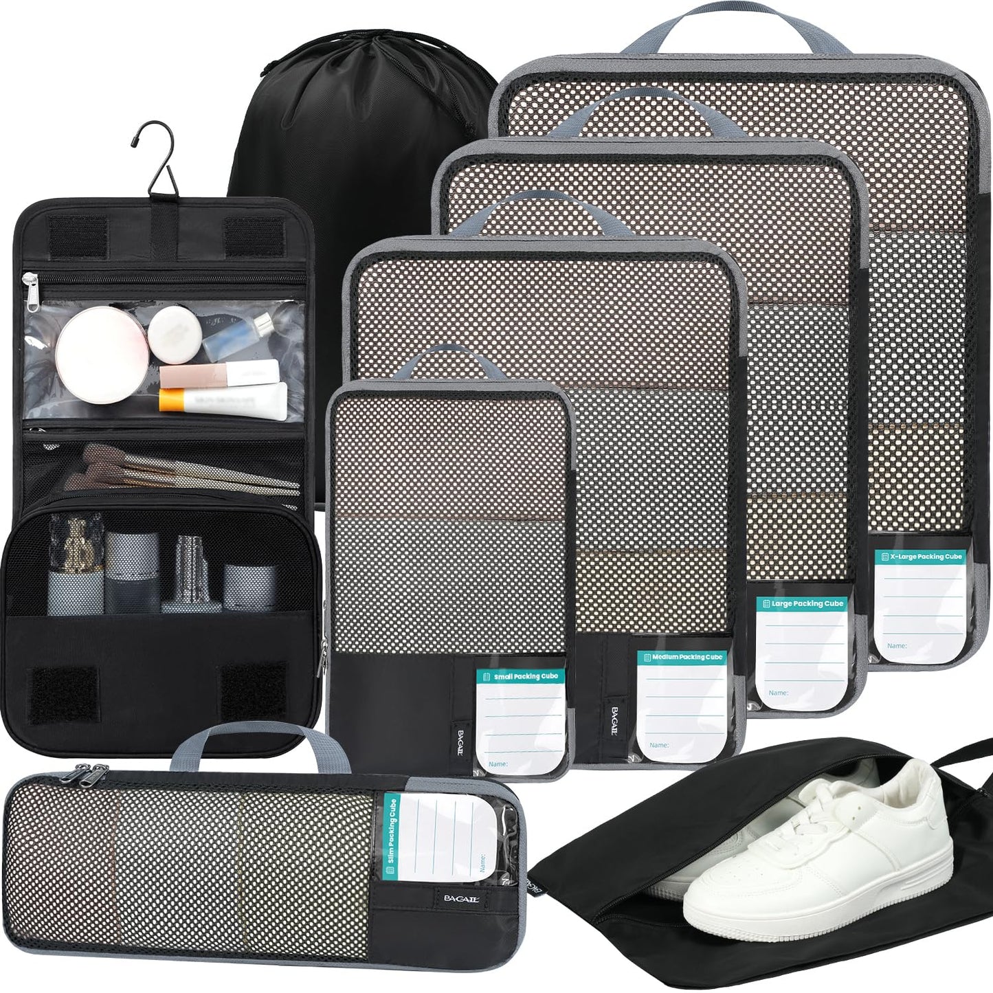 BAGAIL 4 Set/6 Set/8 Set Compression Packing Cubes Travel Accessories Expandable Packing Organizers (Half Mesh, 6-Black)