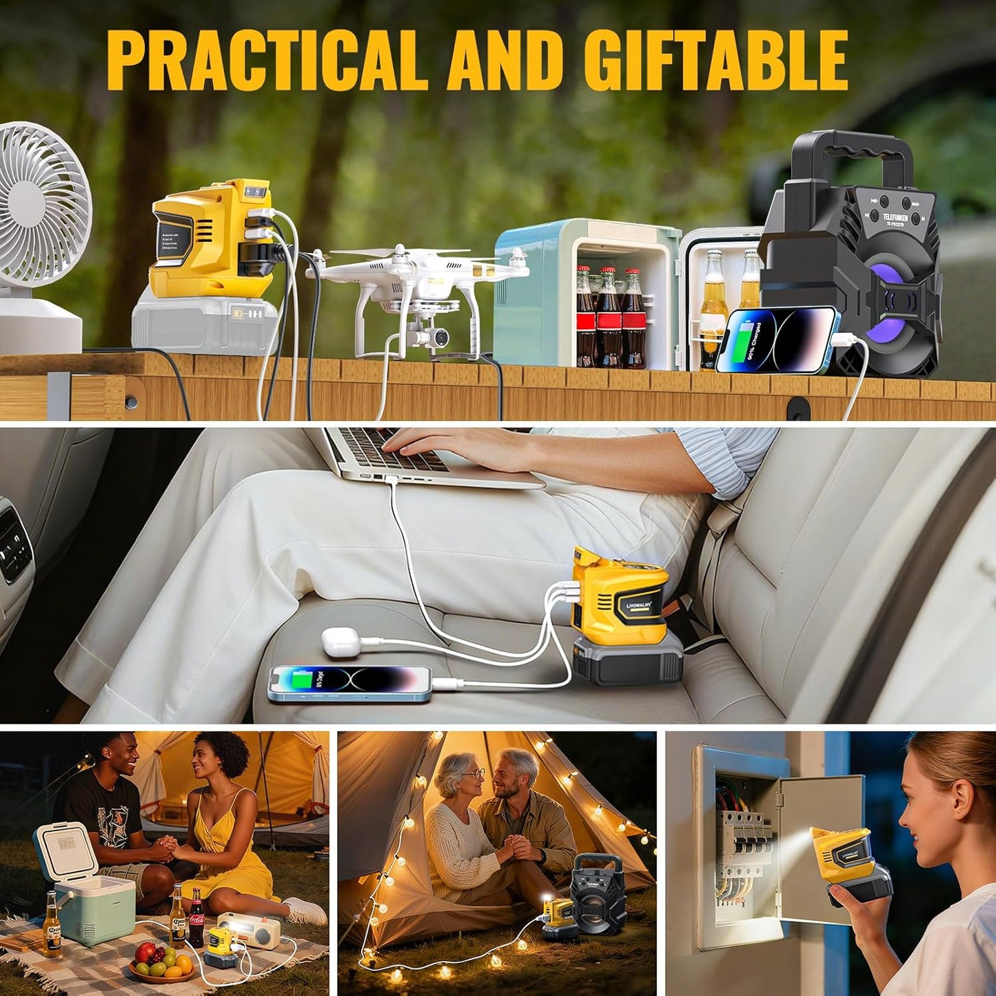 Real 200W Power Inverter Compatible With Dewalt, DC 20V to AC 110-120V Battery Inverter, LIVOWALNY Portable Power Station Generator, Charger Adapter Battery Powered with 2 USB & 1 Type-C & 1 AC Outlet