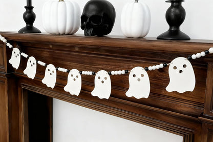 Cute Halloween Ghost Garland Decorations Indoor Outdoor, Wood Ghost Banner with Beads, Rustic Halloween Banner for Haunted House Party Decor