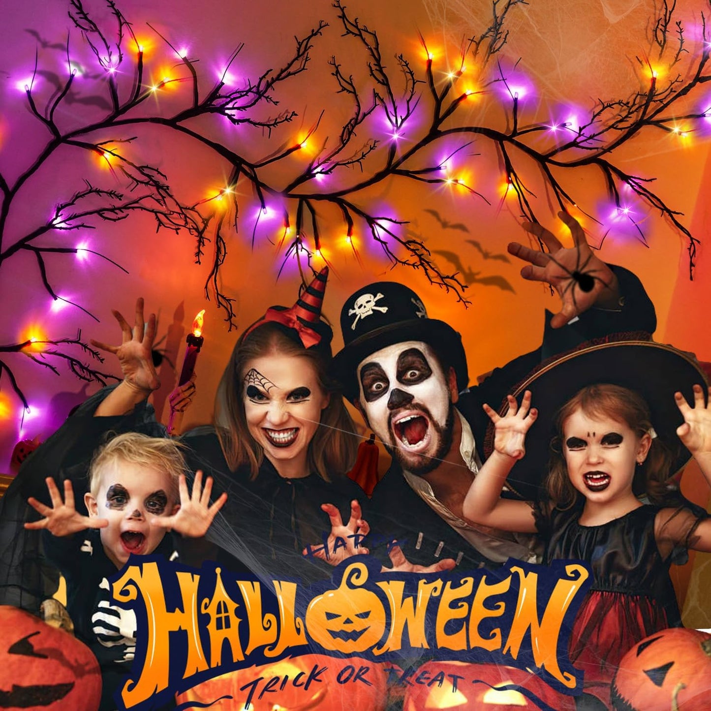 [8 Modes & Timer] 6 Ft 54LED Halloween Garland with Lights, Orange Purple Willow Vine Twig Garland Battery Operated Indoor Outdoor Fireplace Table Wall Home Party Halloween Decor