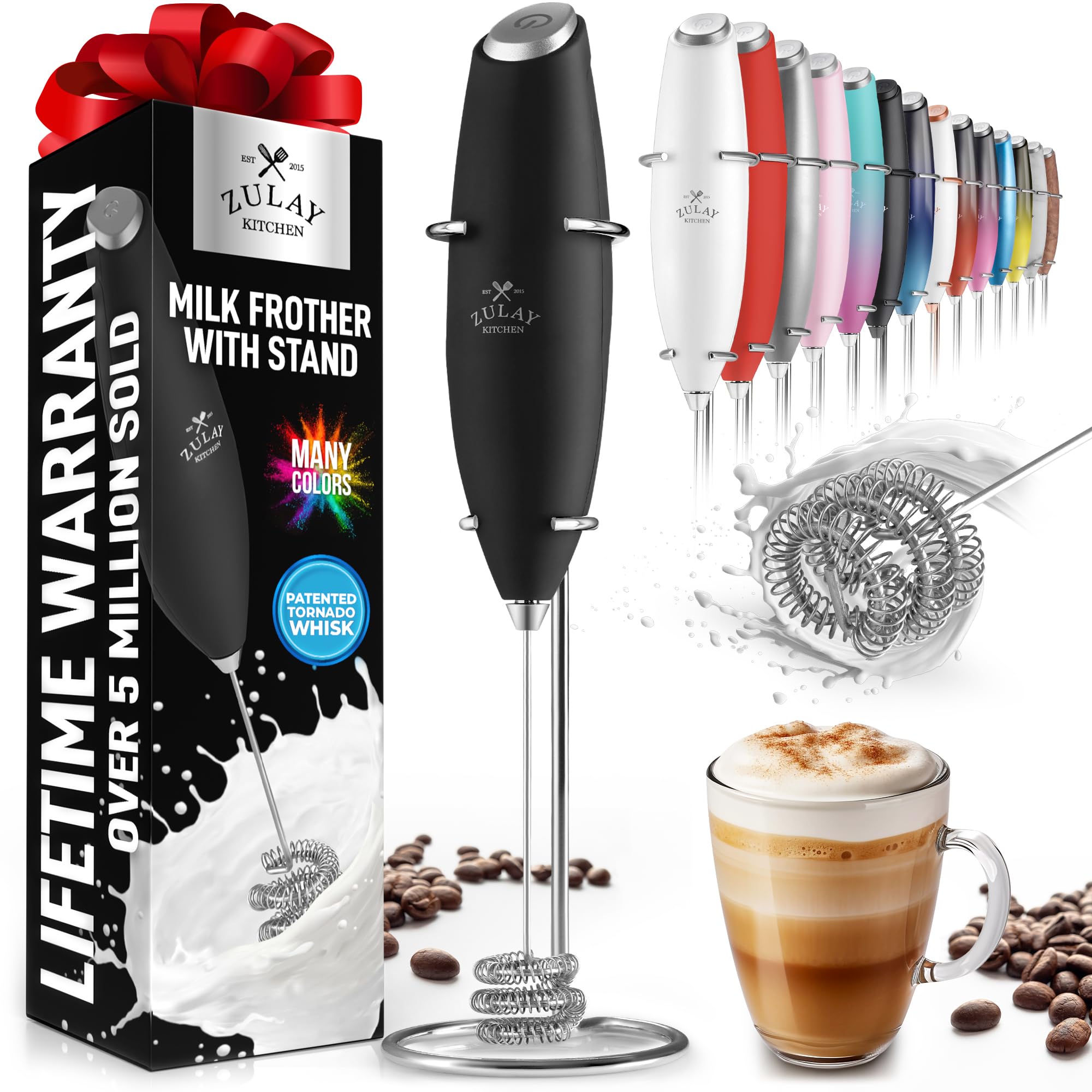 Zulay Kitchen Powerful Milk Frother Wand With 2 Duracell Batteries - Ultra Fast Handheld Drink Mixer - Electric Whisk Foam Maker for Coffee, Lattes, Cappuccino, Matcha, Hot Chocolate & Creamer - Black