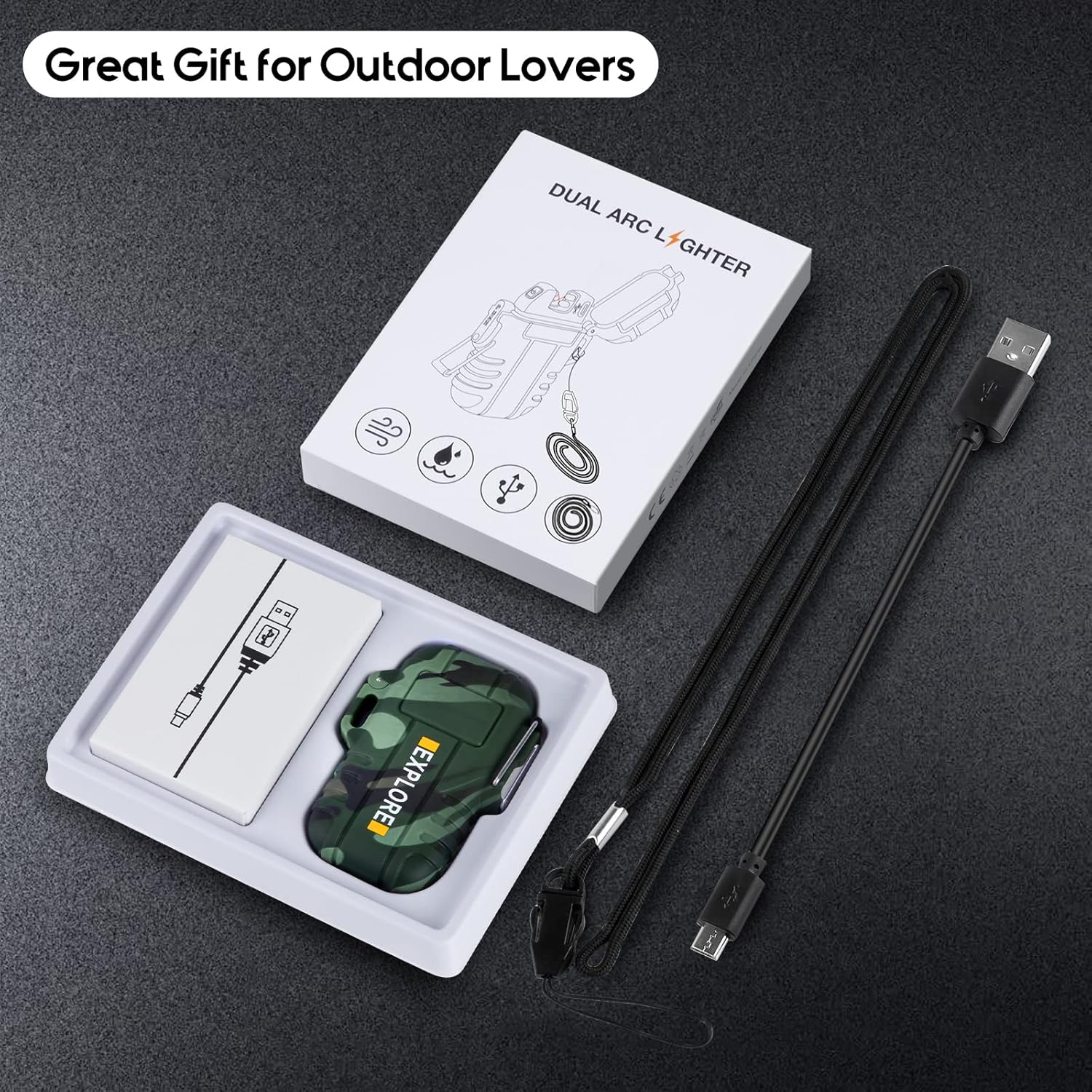 LcFun Waterproof Electric Dual Arc Lighter USB Rechargeable Outdoor Windproof Flameless Plasma Lighters for Camping, Hiking, Adventure, Survival Tactical Gear Gifts for Men