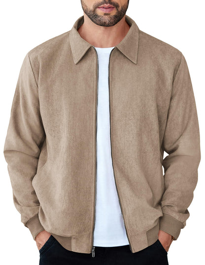 COOFANDY Men's Casual Suede Bomber Jacket Lightweight Full Zip Up Jackets Vintage Faux Leather Jacket