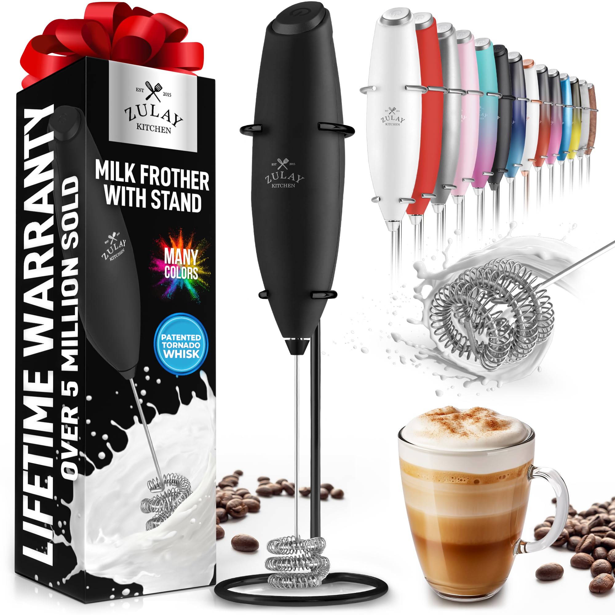 Zulay Kitchen Powerful Milk Frother Wand With 2 Duracell Batteries - Ultra Fast Handheld Drink Mixer - Electric Whisk Foam Maker for Coffee, Lattes, Cappuccino, Matcha, Hot Chocolate & Creamer - Black