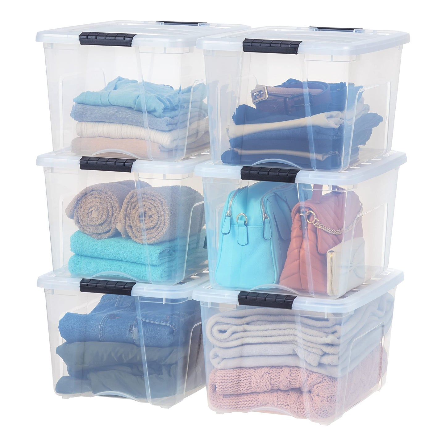 IRIS USA 13 Qt Stackable Plastic Storage Bins with Lids, 6 Pack - BPA-Free, Made in USA - Discreet Organizing Solution, Latches, Durable Nestable Containers, Secure Pull Handle - Pearl