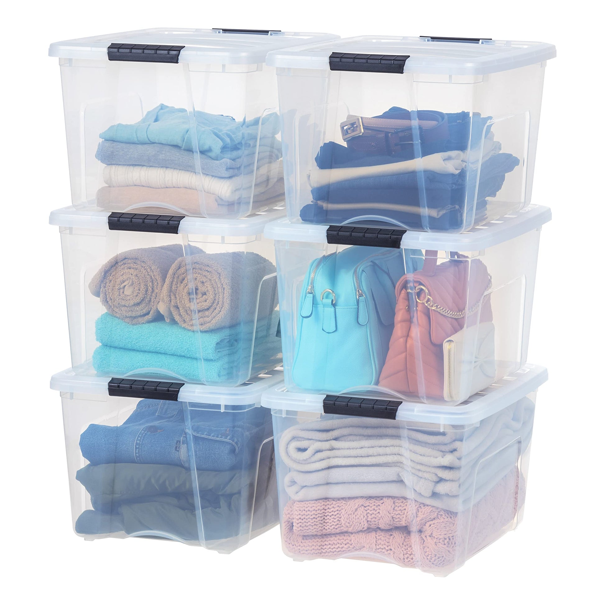 IRIS USA 13 Qt Stackable Plastic Storage Bins with Lids, 6 Pack - BPA-Free, Made in USA - Discreet Organizing Solution, Latches, Durable Nestable Containers, Secure Pull Handle - Pearl
