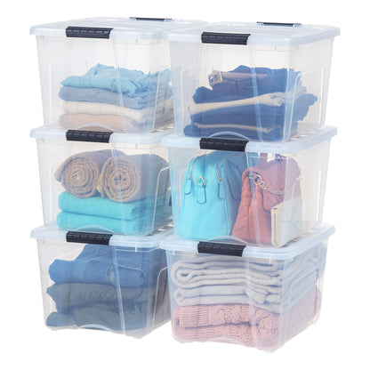 IRIS USA 13 Qt Stackable Plastic Storage Bins with Lids, 6 Pack - BPA-Free, Made in USA - Discreet Organizing Solution, Latches, Durable Nestable Containers, Secure Pull Handle - Pearl