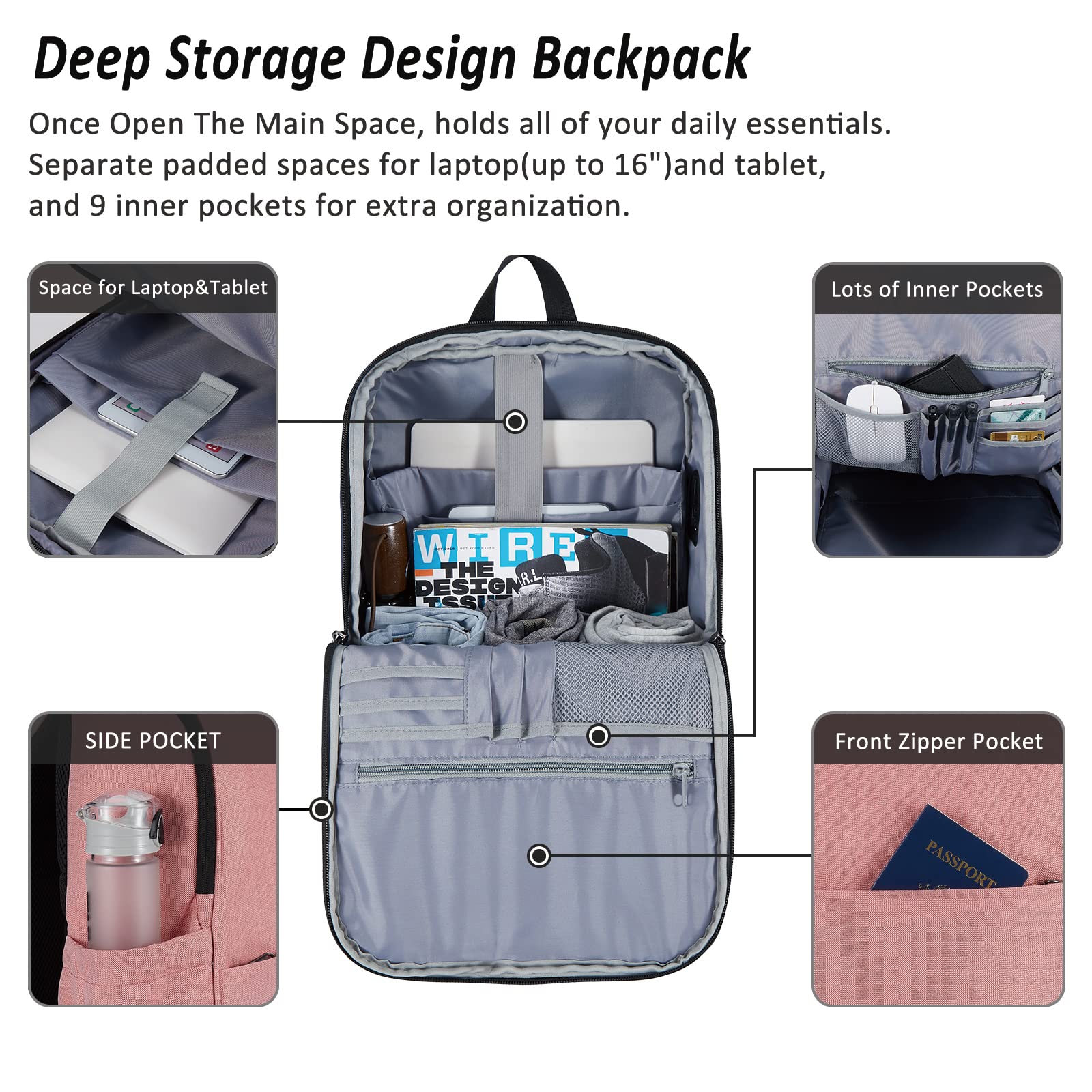 MAXTOP Deep Storage Laptop Backpack with USB Charging Port[Water Resistant] College Computer Bookbag Fits 15 Inch Laptop Black