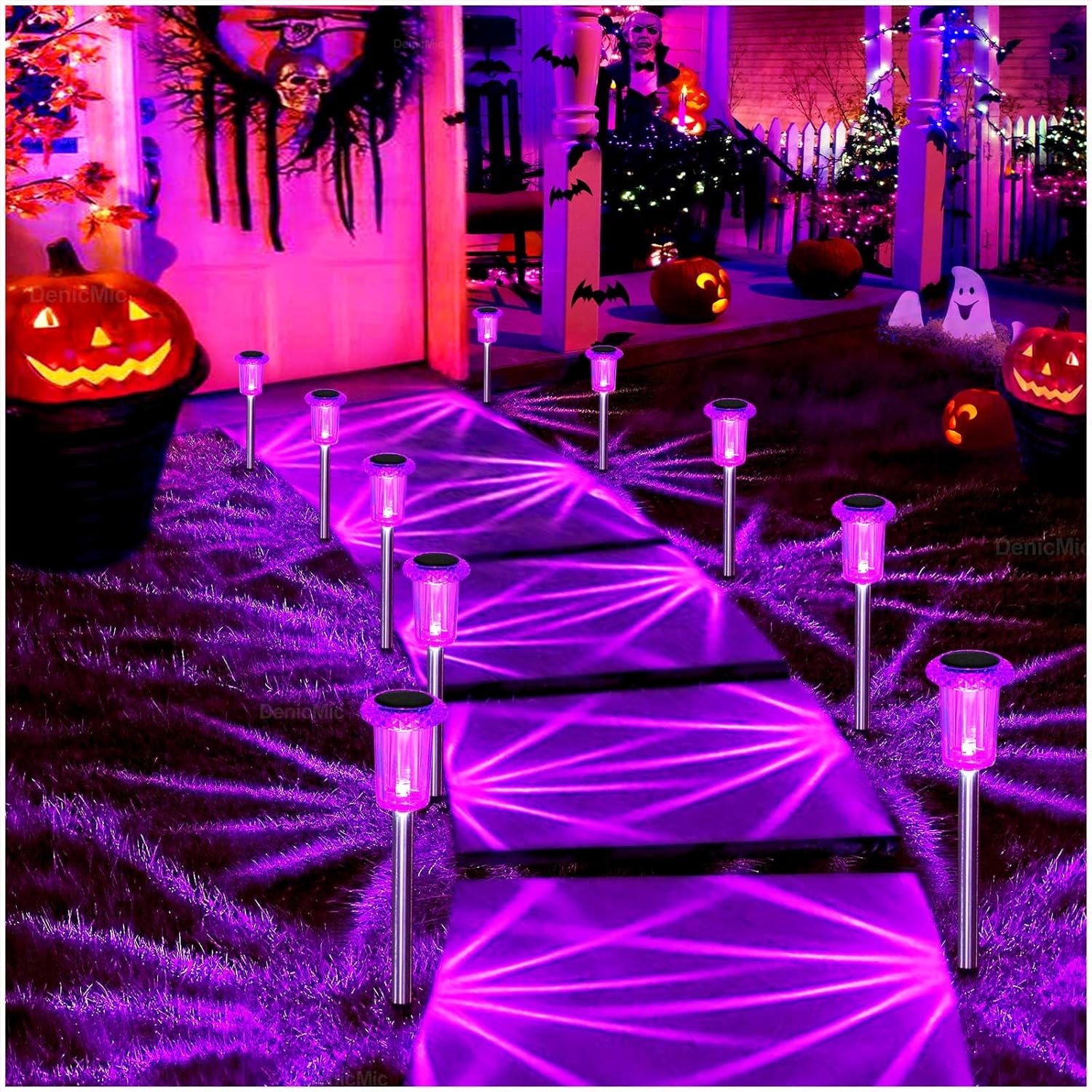 DenicMic Halloween Solar Lights Outdoor 10 Pack Purple LED Waterproof Yard Garden Patio Backyard Pathway Walkway Landscape Path Lawn Outside Halloween Decorations Outdoor