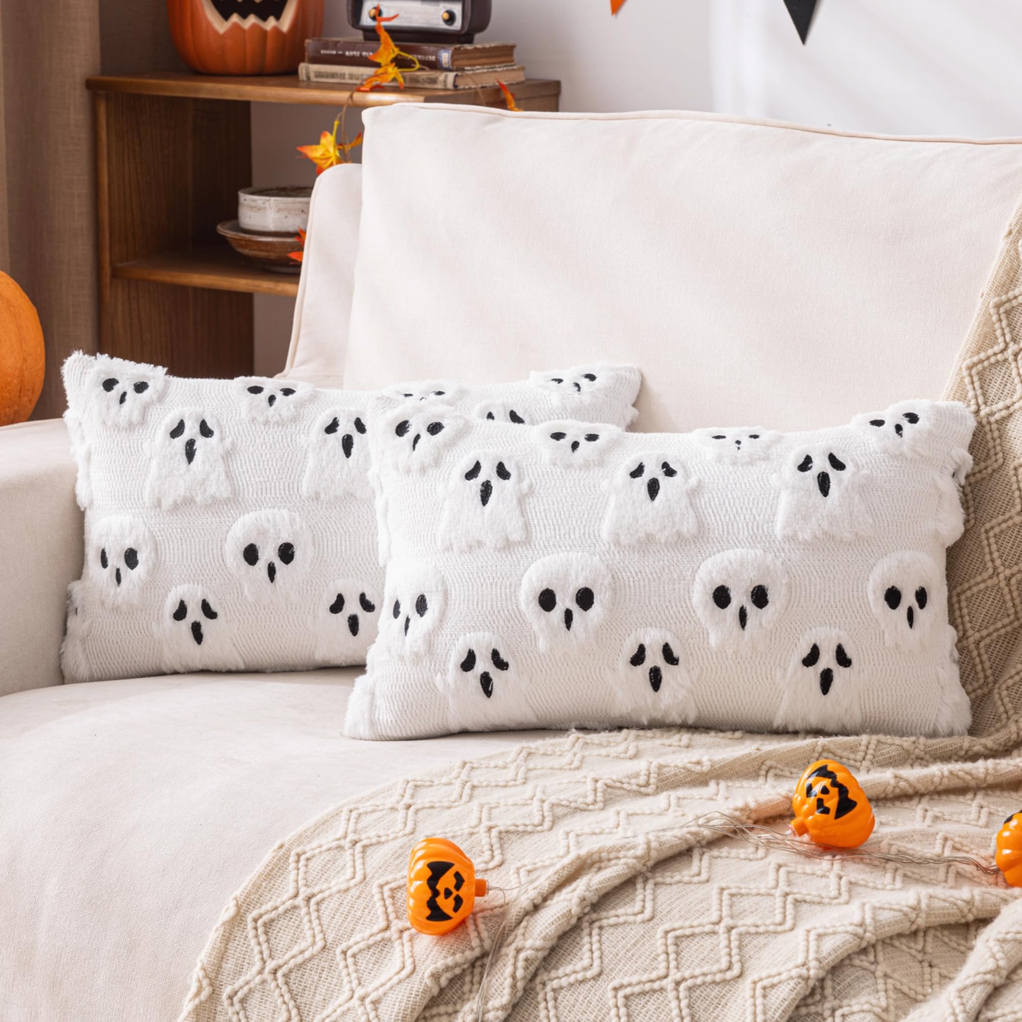 AQOTHES Halloween White Smile Ghost Throw Pillow Covers 18x18 inch Set of 2, Cute Skeleton Pillowcases Holiday Cushions Covers for Halloween Decorations Indoor Home Sofa Couch