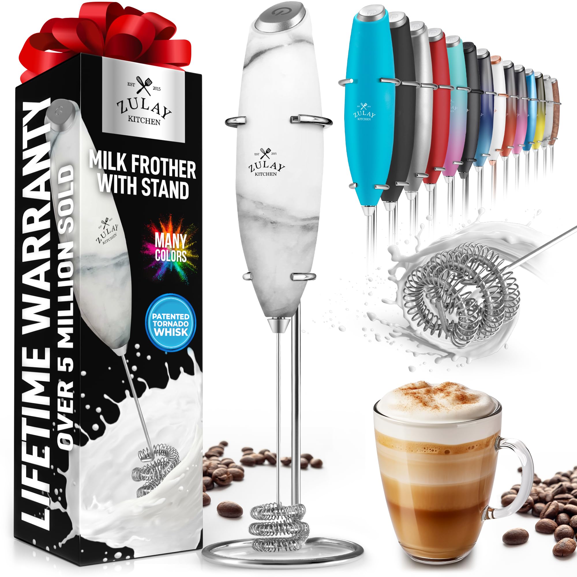 Zulay Kitchen Powerful Milk Frother Wand With 2 Duracell Batteries - Ultra Fast Handheld Drink Mixer - Electric Whisk Foam Maker for Coffee, Lattes, Cappuccino, Matcha, Hot Chocolate & Creamer - Black