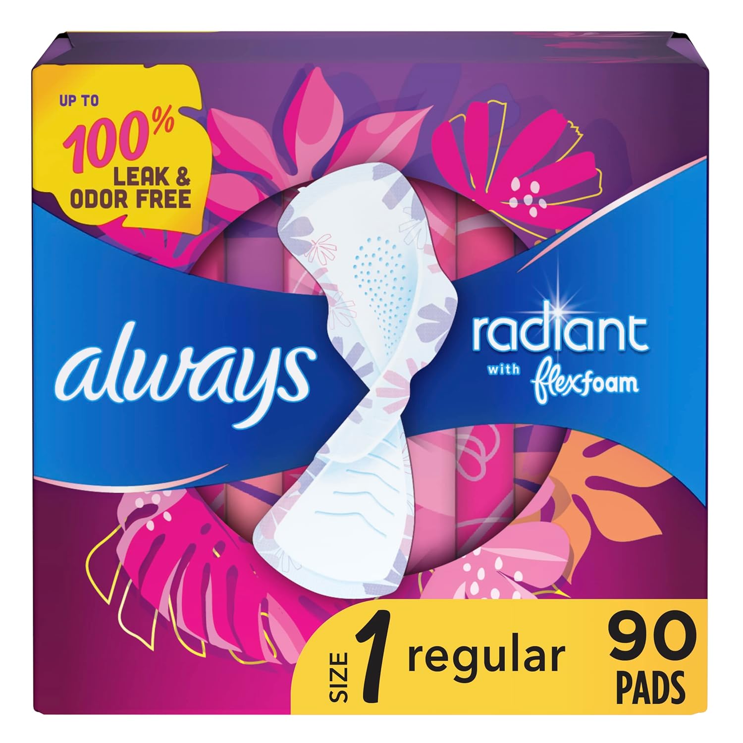 Always Radiant Feminine Pads For Women, Size 1 Regular Absorbency, Multipack, With Flexfoam, With Wings, Light Clean Scent, 30 Count x 3 Packs (90 Count total)