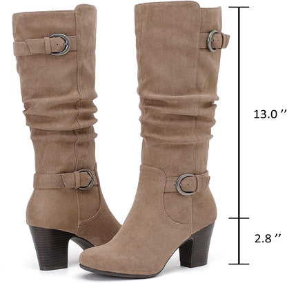 Women's Slouchy Knee High Boots with Chunky Heel, Pointed Toe, Comfortable and Fashionable Fall Winter Boots for Women.