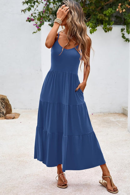 Halife Womens Flowy Tiered Maxi Dress Sleeveless Summer Sundresses Adjustable Straps Long Beach Sun Dresses with Pockets