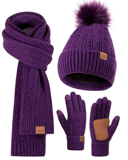 Winter Beanie Hat Scarf Gloves Set for Women, Pom Pom Beanie Fleece Lined Knit Neck Warmer Touchscreen Gloves 3 in 1 Gift Set