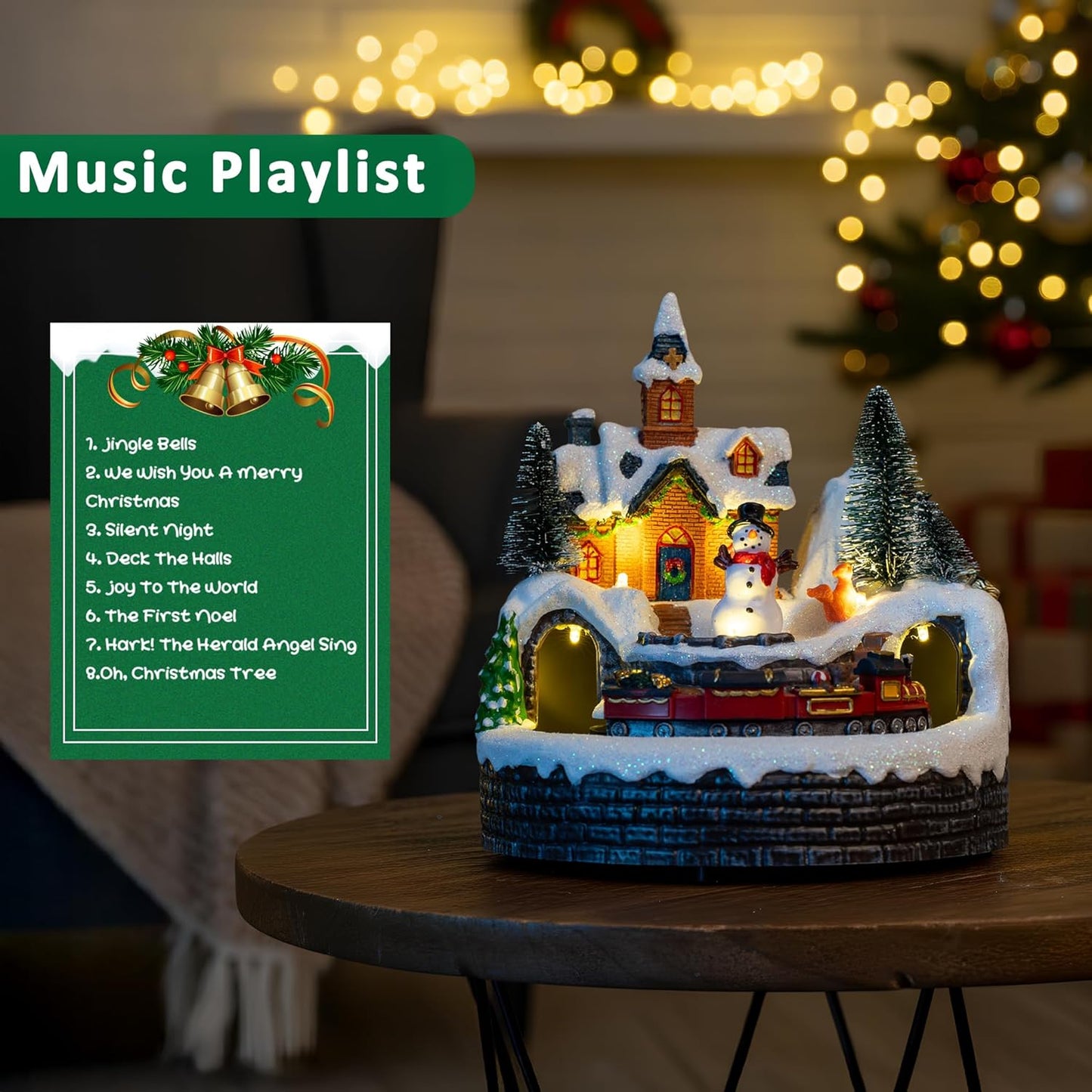 Animated Musical Christmas Village Figurines Christmas Collectibles Statues Church Building and Snowman with Rotating Train LED Lights, Battery & USB Home Decor Gifts Festive Holiday Decorations