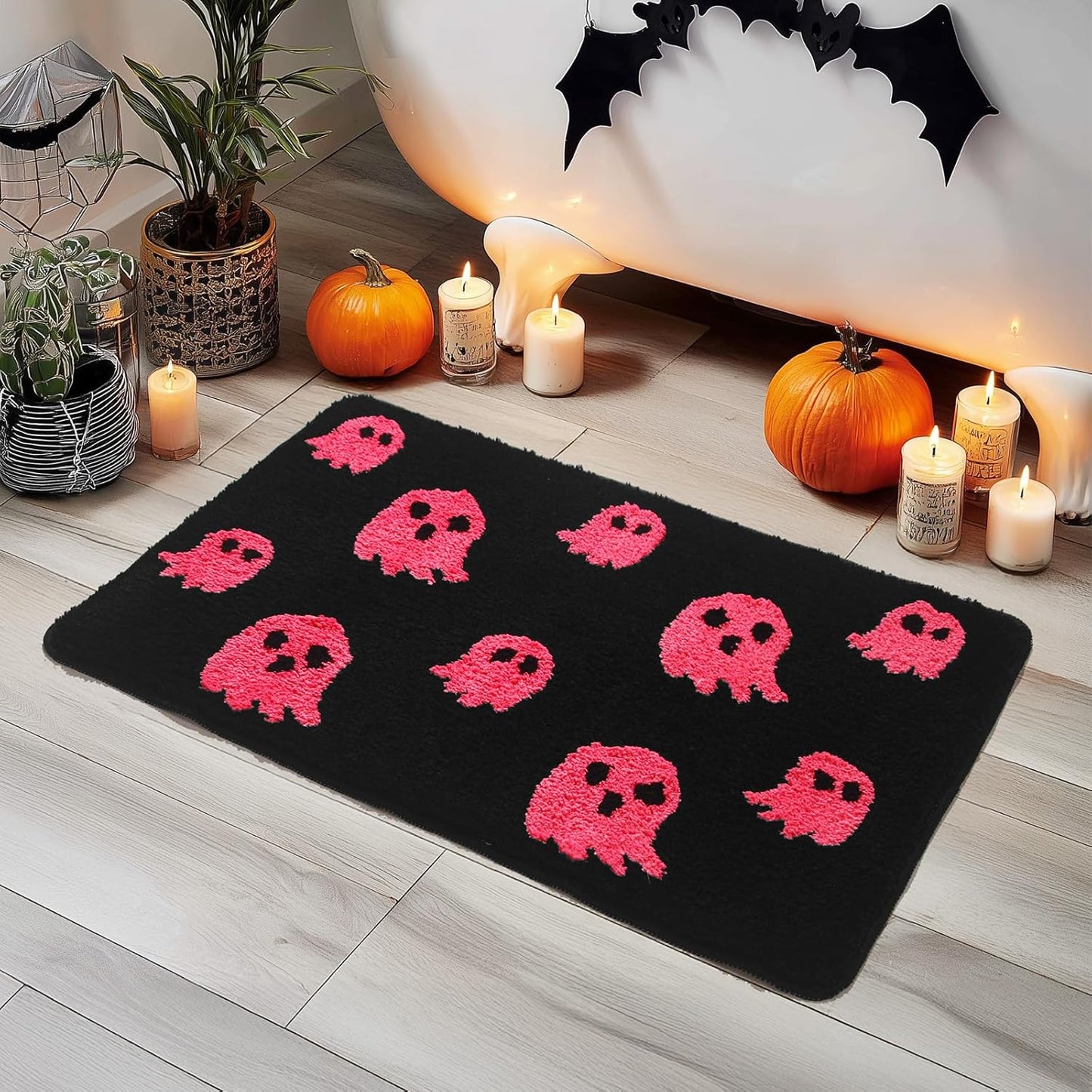 Black Halloween Bath Mat – Cute Ghost Decor Mat Non-Slip Black Bathroom Rug Soft Spooky Bath Rug for Shower, Bedroom, Living Room