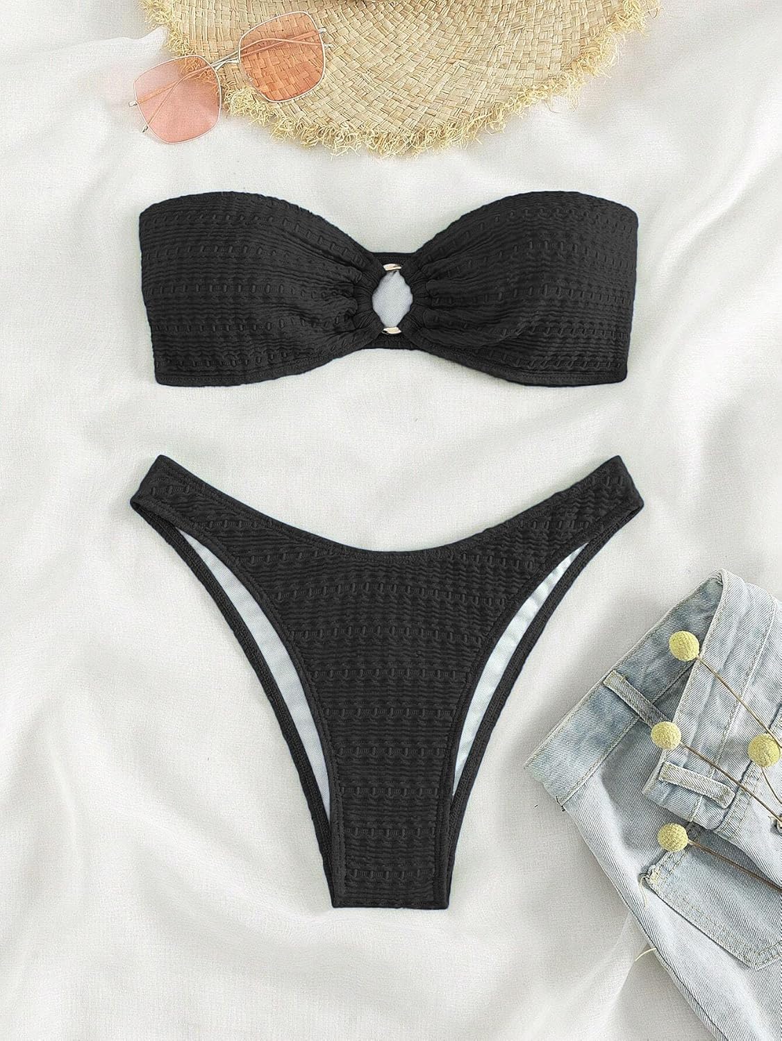 Limeeke Women's Strapless Bandeau Bikini Sets Ring Linked Two Piece Swimsuit Removable Strap Textured Bathing Suit