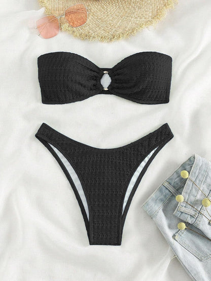 Limeeke Women's Strapless Bandeau Bikini Sets Ring Linked Two Piece Swimsuit Removable Strap Textured Bathing Suit