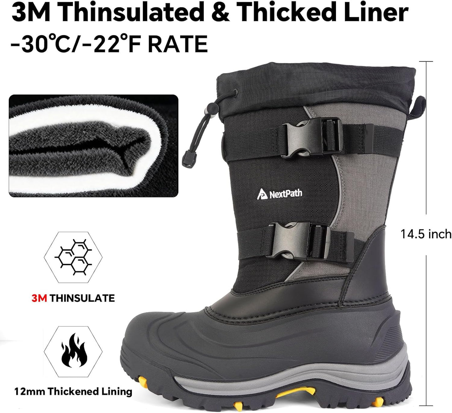 Men's Snow Boots 12/14 inch Snow Boots For Men Waterproof Insulated Mens Winter Work Boots with Removable Liner Black Winter Boots For Youth Boy