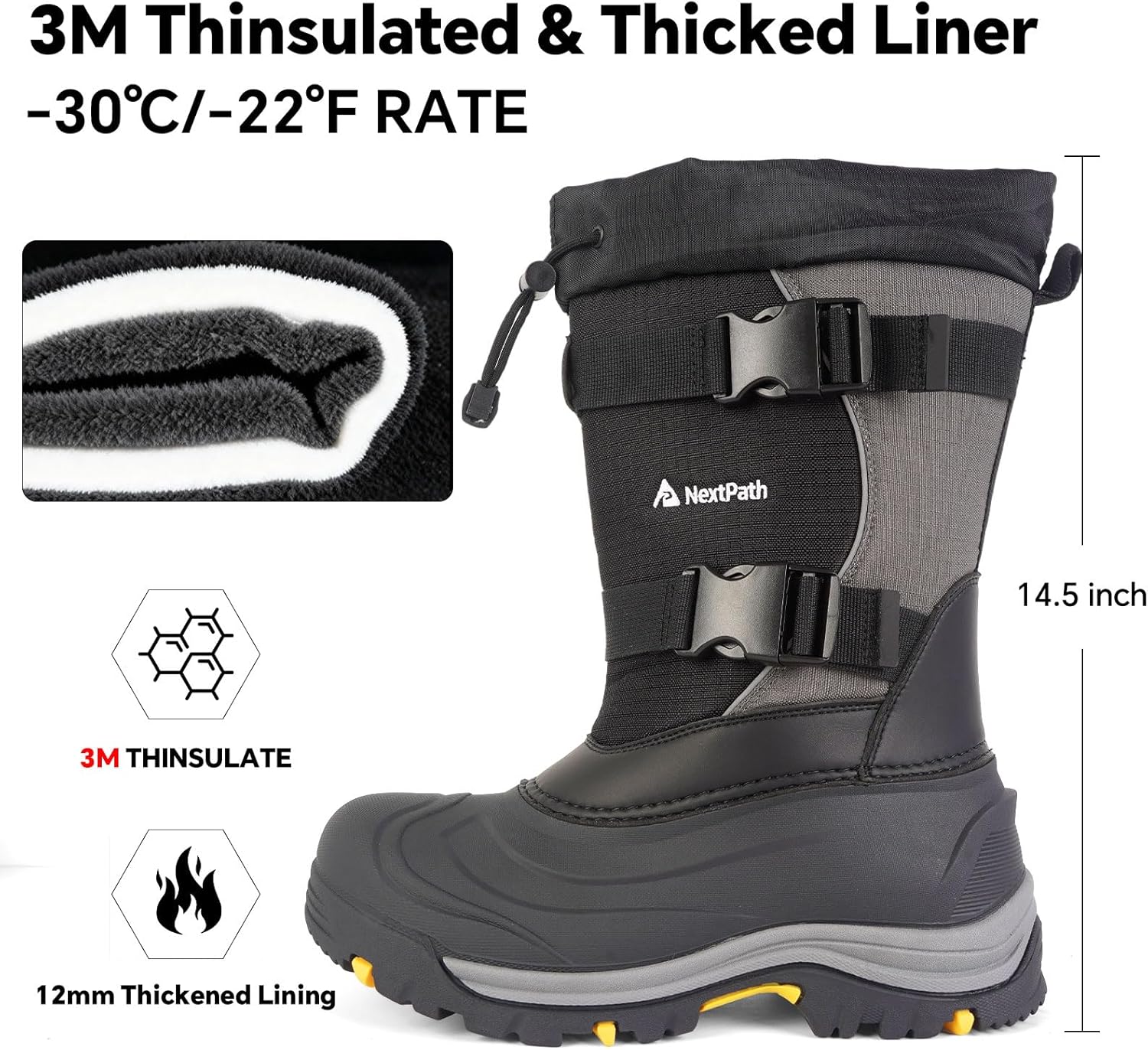 Men's Snow Boots 12/14 inch Snow Boots For Men Waterproof Insulated Mens Winter Work Boots with Removable Liner Black Winter Boots For Youth Boy