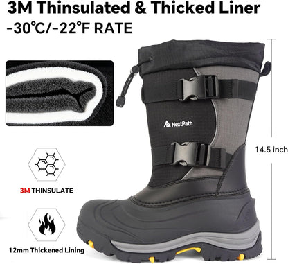 Men's Snow Boots 12/14 inch Snow Boots For Men Waterproof Insulated Mens Winter Work Boots with Removable Liner Black Winter Boots For Youth Boy