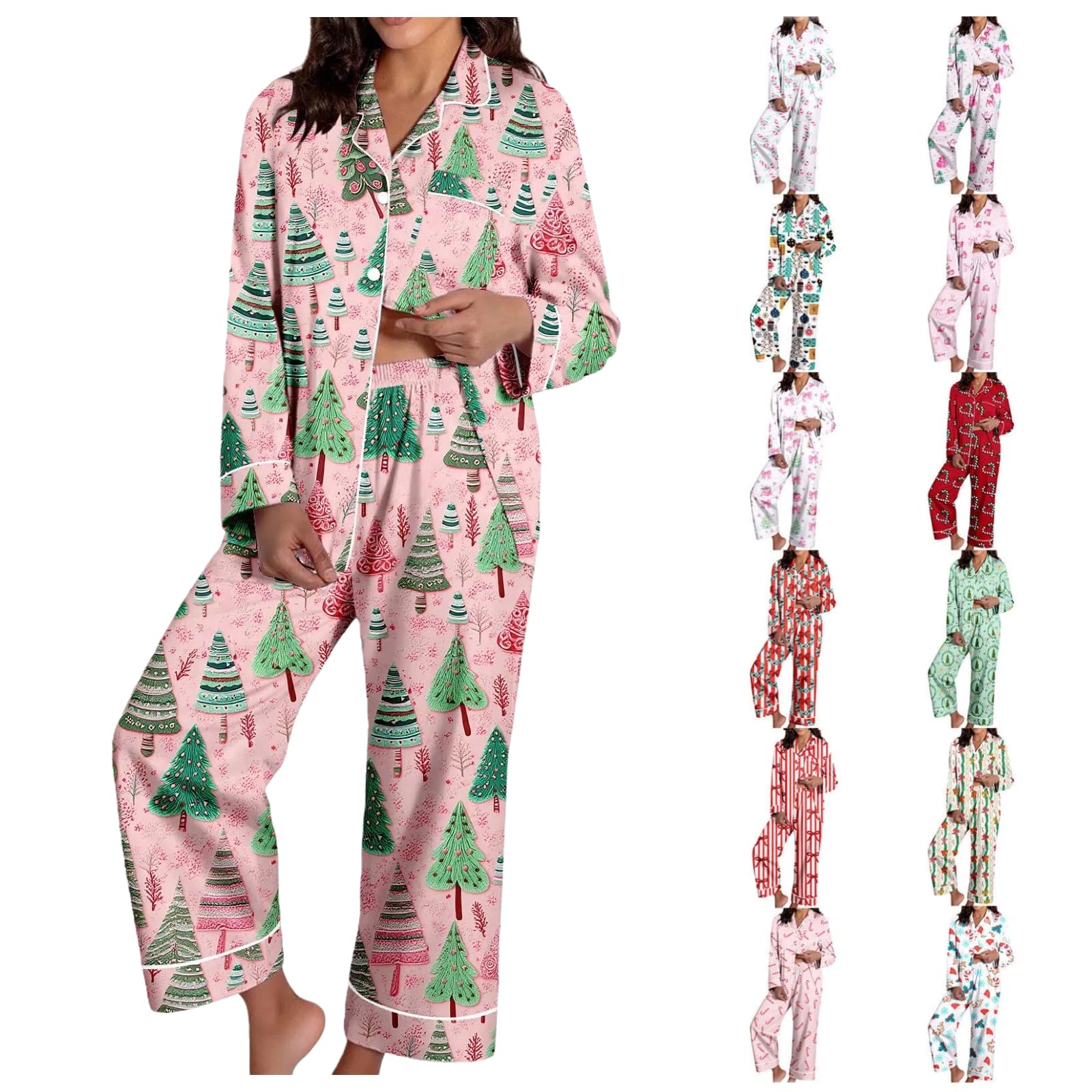 Christmas Pajamas for Women,Button up Long Sleeve Pajama Set Casual Soft Cute Xmas Print Pjs Sleepwear 2025