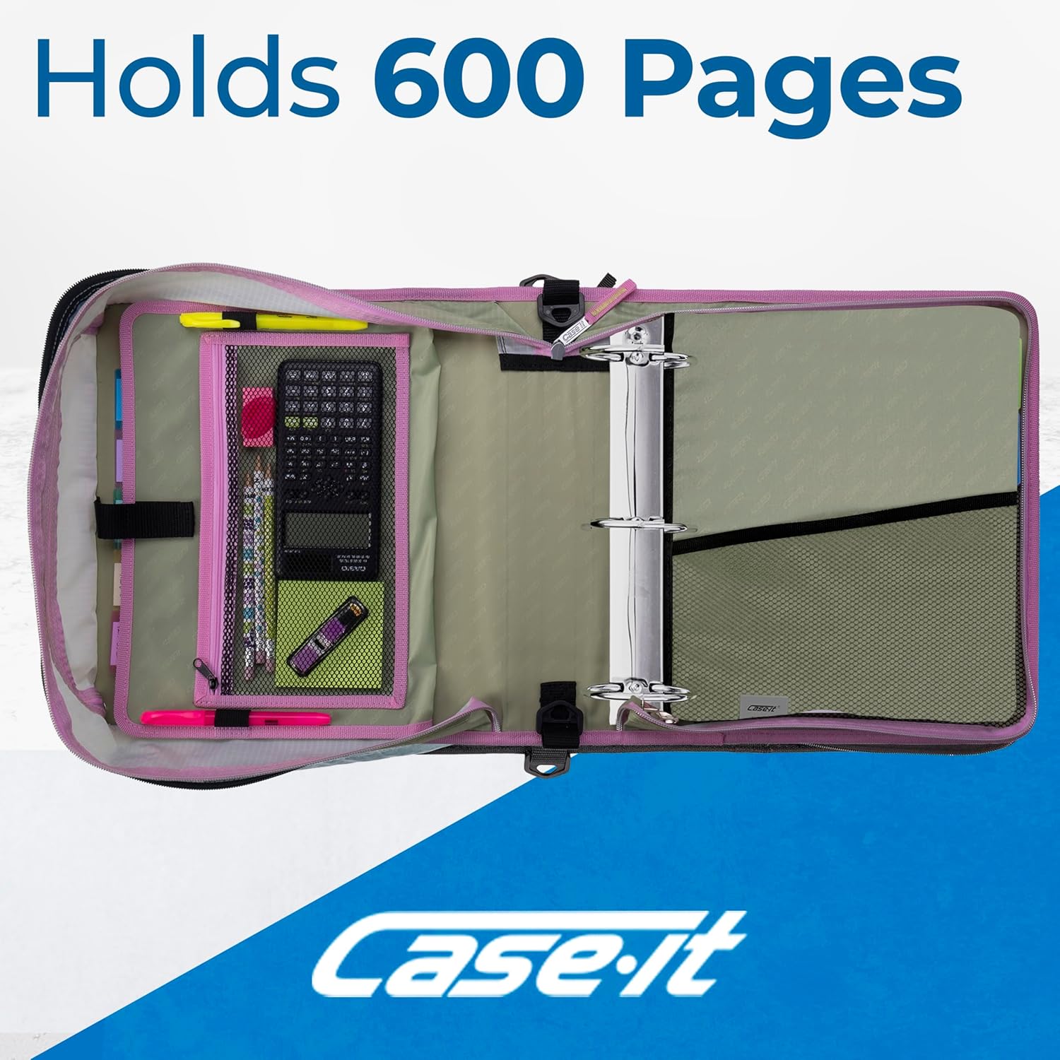 Case-it Mighty Zip Tab School Zipper Binder | 3-Inch O-Rings, 600-Sheet Capacity, 5-Subject Expanding File Folder, Multiple Pockets & Storage Organizer, Shoulder Strap | D-146 Fun Flowers