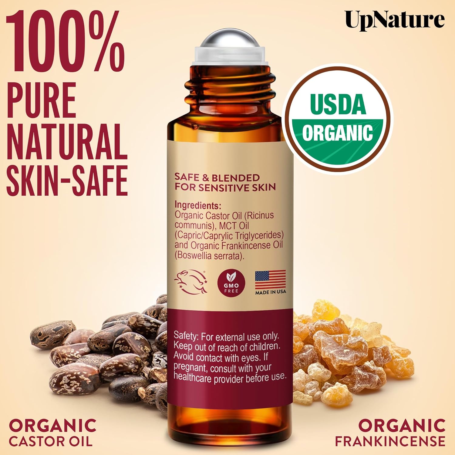 UpNature Organic Castor Oil and Frankincense Roll On – 100% Pure Hexane Free Castor Oil & Frankincense Under Eye Roller for Face - Wrinkles Dark Circles Beauty Rollerball