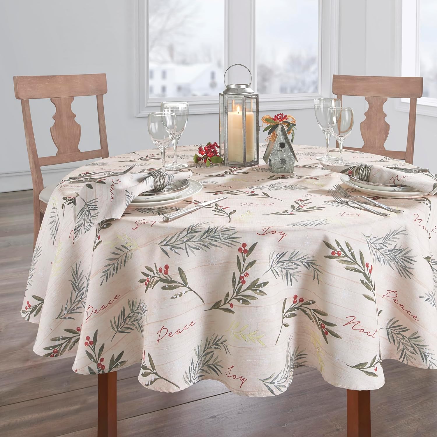 Elrene Home Fashions Holiday Tree Trimmings Wrinkle Resistant Fabric Christmas Tablecloth, 60"X84", Oval