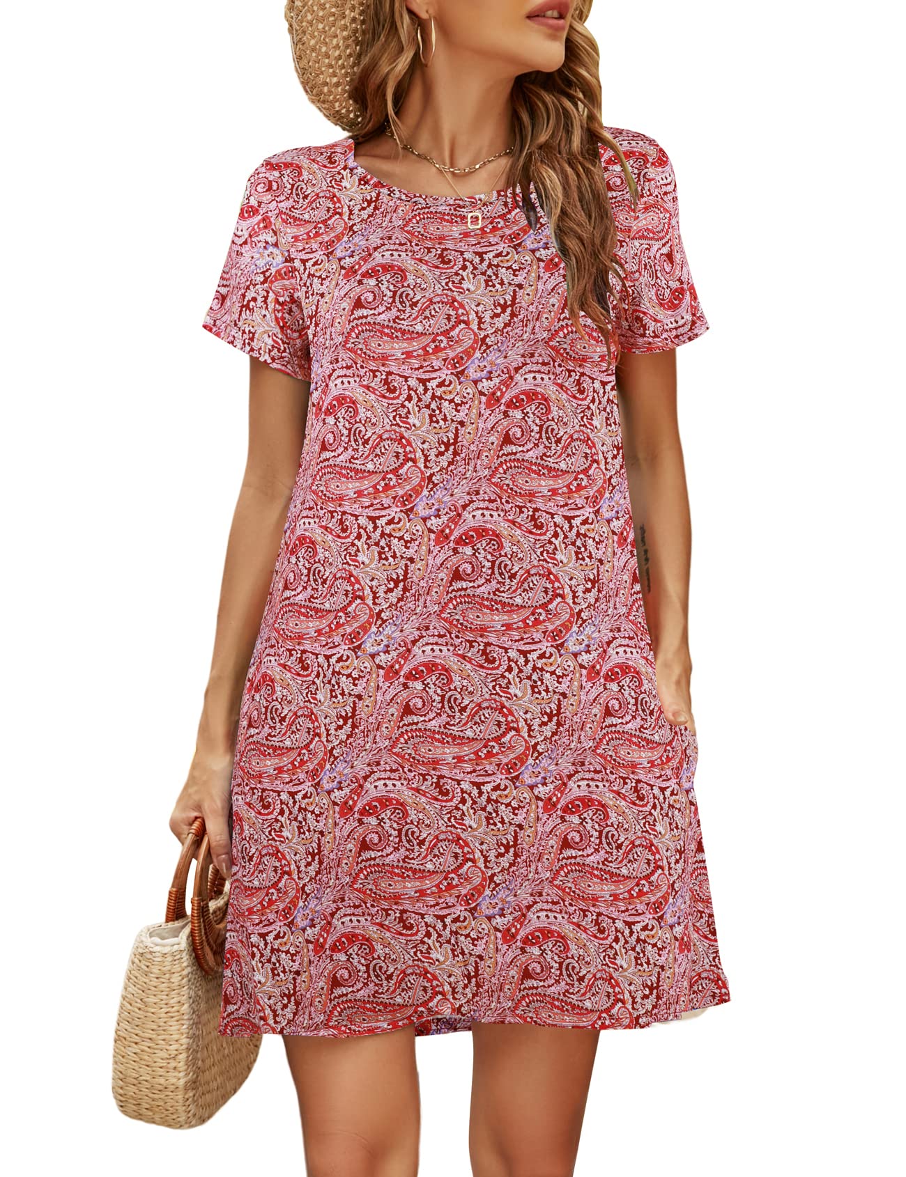 Halife Womens Summer Casual Tshirt Dress Loose Lace Hem Short Sleeve Beach Sundresses with Pockets
