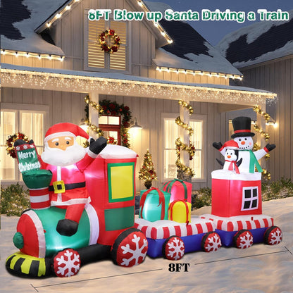 8 FT Christmas Inflatable Train with Santa Claus, Snowman, Penguin, Gift Boxes, Xmas Blow Up Yard Decors with Built-in Led Lights, Lovely Train Carriage for Holiday Display Lawn Garden Party Decor