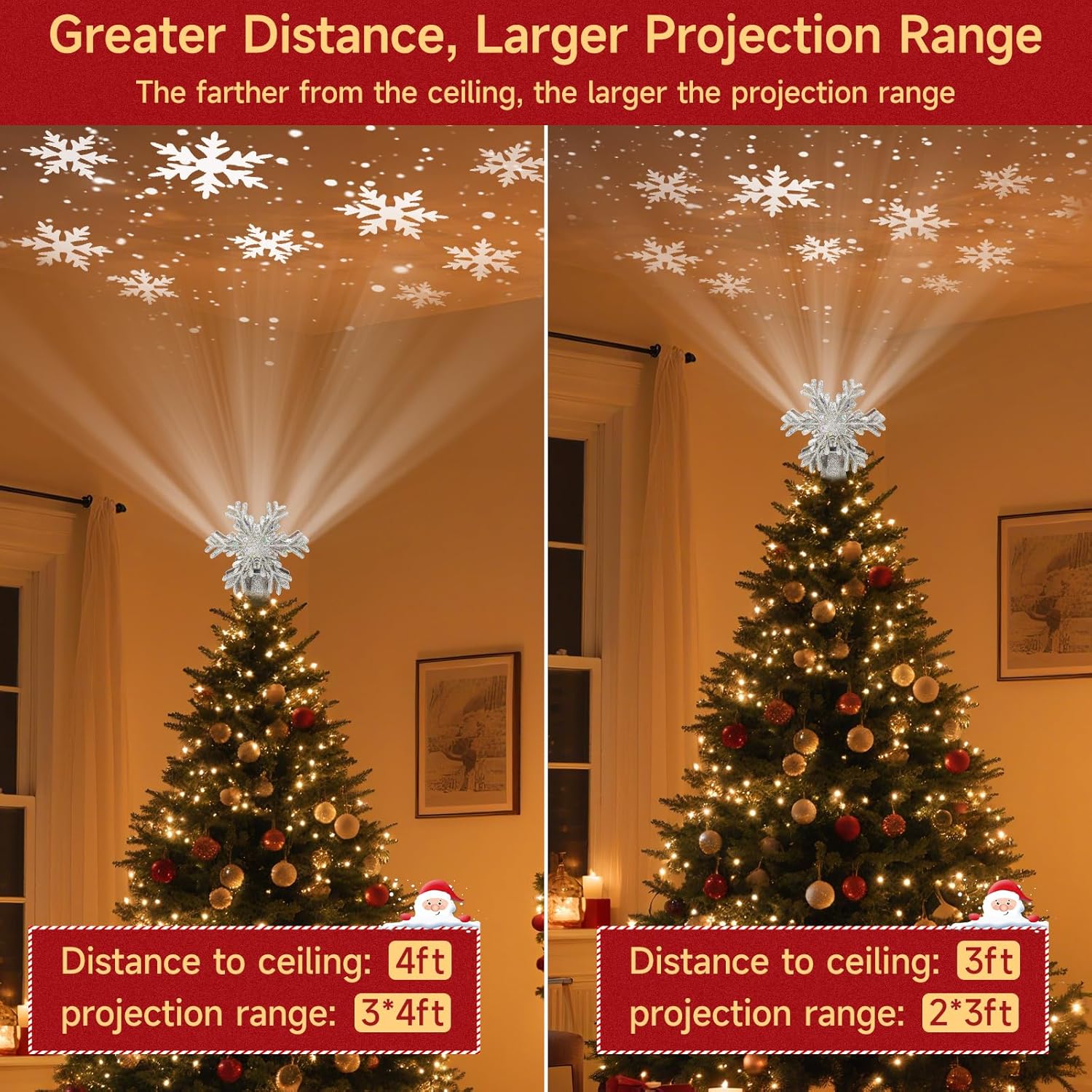 Christmas Tree Topper Lighted with Built-in LED Rotating Snowflake Projector, 3D Hollow Glitter Silver Snowflake Tree Topper for Xmas Party Holiday Christmas Decorations